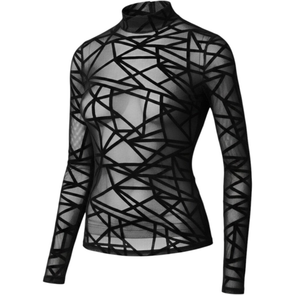 Avidlove Women Black Sheer Mesh Geometric Velvet Burnout Mock Neck Top NWT L - Picture 4 of 13
